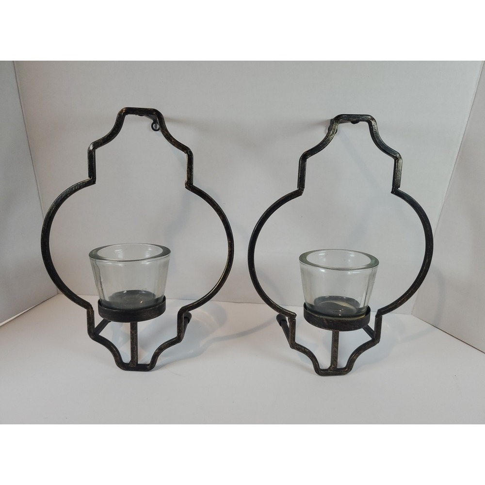 Pair Rustic Metal Wall Sconce Candle Holders w Glass Votive Cups